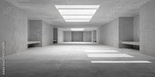 Abstract empty, modern concrete room with open ceiling and sun light from above, ceiling beams and rough floor - industrial interior background template
