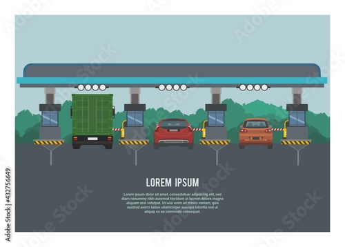 Group of vehicle entering highway gate. Forest silhouette background