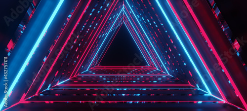 Fototapeta Naklejka Na Ścianę i Meble -  3d rendering of ultraviolet neon triangular on black background.1980s concept.Neon triangular,glowing lines,tunnel,laser show,Stage neon light colorful blue red triangle shape frame technology.