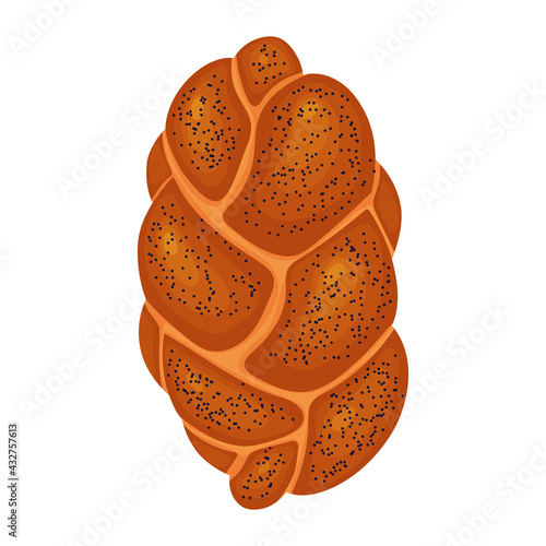 Challah with sesame seeds is the national Jewish food. White bread. Vector illustration isolated on white background.
