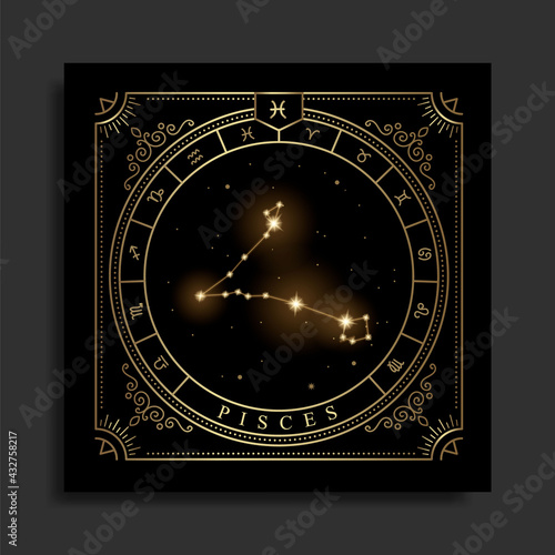 Pisces zodiac constellation symbol with modern, esoteric and boho styles. Fit for paranormal, tarot readers and astrologers