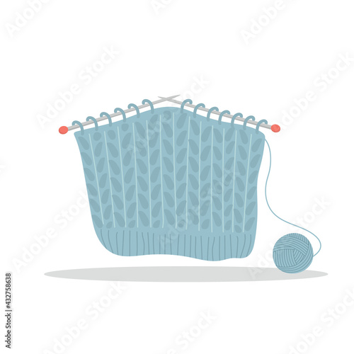 Knitting with needles and ball of yarn. Cute hand drawn tailor shop elements. Vector illustration in flat cartoon style.