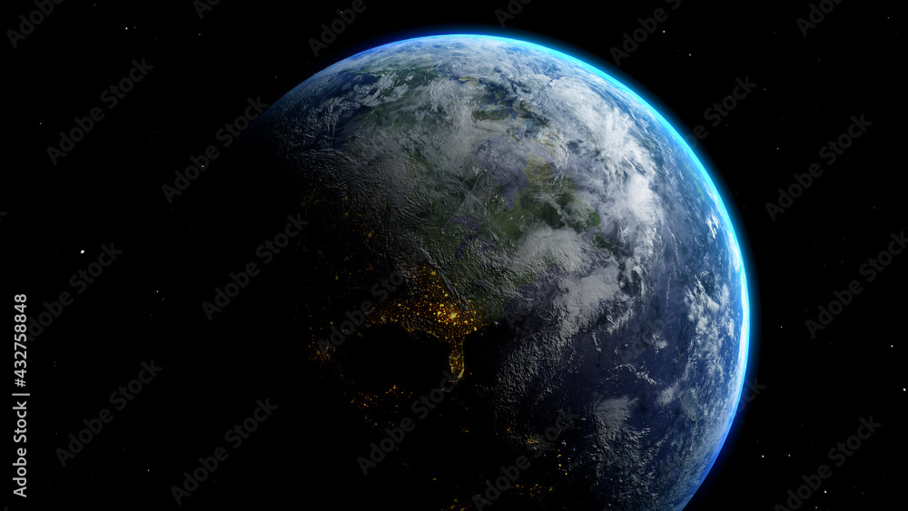Fototapeta premium Sunrise and shadow on the earth in space with star in universe. World realistic atmosphere 3D volumetric clouds texture surface. Elements of this image are furnished by NASA
