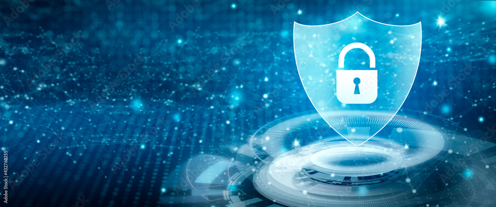 Shield with padlock icon in personal data security cyber data and ...