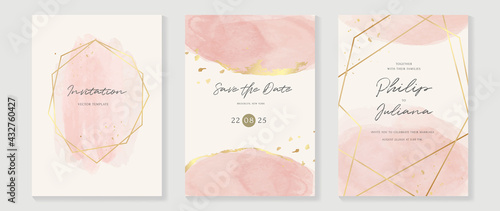 Luxury wedding invitation card vector. Invite cover design with watercolor blush and gold line texture.