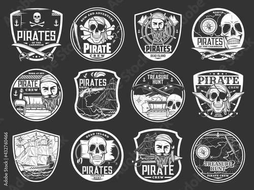 Tableau sur toile Pirate skulls and treasure island icons, Caribbean sea adventure, vector shield badges