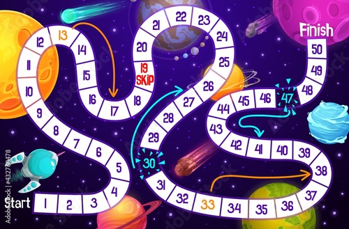 Cartoon kids board game, space adventure with rocket and planets vector template. Step boardgame with block path, numbers, start and finish. Educational children riddle for playschool leisure activity