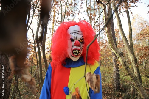 Halloween holiday. Creepy clown halloween costume.Traditional masquerade and carnival in October.Creepy clown in the autumn forest.horror concept.Scary clown portrait 