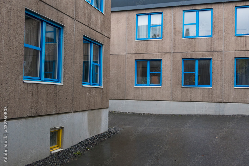 Stockholm, Sweden The Kungshamra student housing  neighbourhood in the Solna suburb made of concrete boxes with colorful window frames.