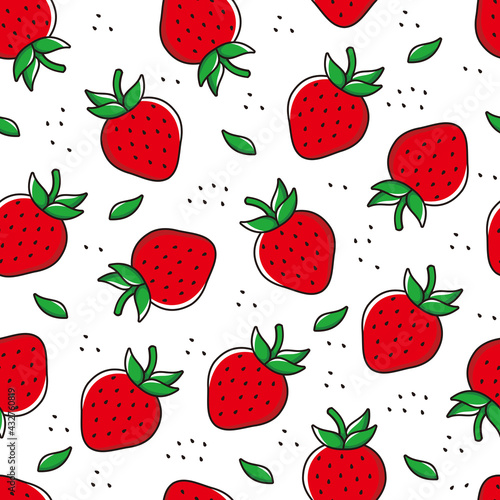 Seamless fresh red strawberry fruit pattern design, hand drawn strawberry pattern with outline template vector