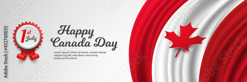 Canada Day Banner with Realistic Canadian Flag Background