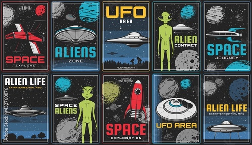 Space exploration, alien life and UFO contact posters. Sci-fi spaceship, retro rocket and flying saucer in outer space, humanoid alien creature, solar system planets and Moon, asteroid vector photo