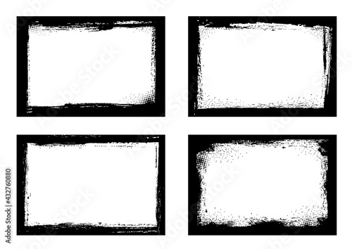Grunge frames isolated vector black borders of rectangular shape with scratched rough edges on white background. Grungy old texture, dirty spatter vignettes, retro design elements or photo frames set