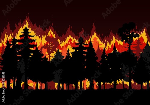Forest fire with burning trees and smoke vector design of save environment and wild natural disaster. Wildfire or bushfire nature background of wood landscape with trees, red fire flames and sparkles