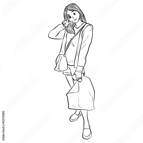 young girl pose after shooping line art vector illustration