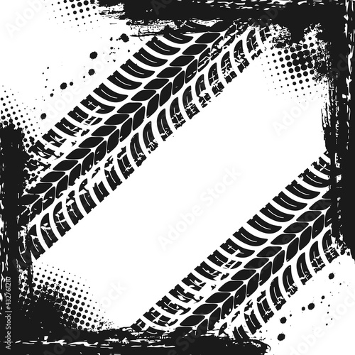 Vehicle tire grungy treads, car dirty traces vector background. Off-road motorsport or rally race, transportation industry grungy background or frame with truck wheel rubber marks or protector traces