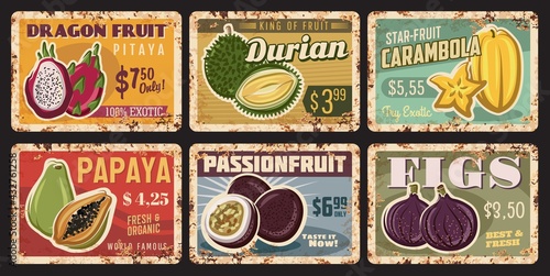 Tropical fruits rusty metal plates, vector vintage rust tin signs with ripe exotic fruits. Fresh and sweet tropical durian, carambola and papaya price tags for store, ferruginous retro posters set