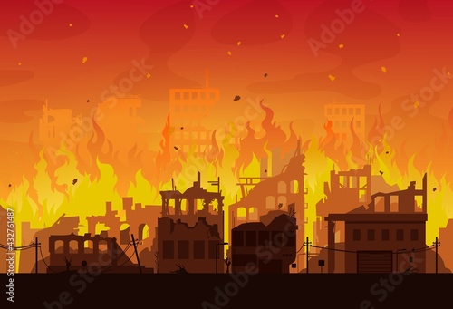 City in fire, destroyed burning houses and buildings, vector disaster or war background. Burning city ruins and town destruction from earthquake, bomb explosion attack and world apocalypse catastrophe