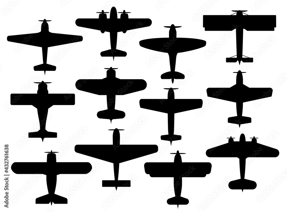 Retro planes black silhouettes, vector airplanes with propellers, vintage military or civil aircraft transport top or bottom view isolated on white background. Air vehicle, flying transportation set Retro planes black silhouettes, vector airplanes with propellers, vintage military or civil aircraft transport top or bottom view isolated on white background. Air vehicle, flying transportation set