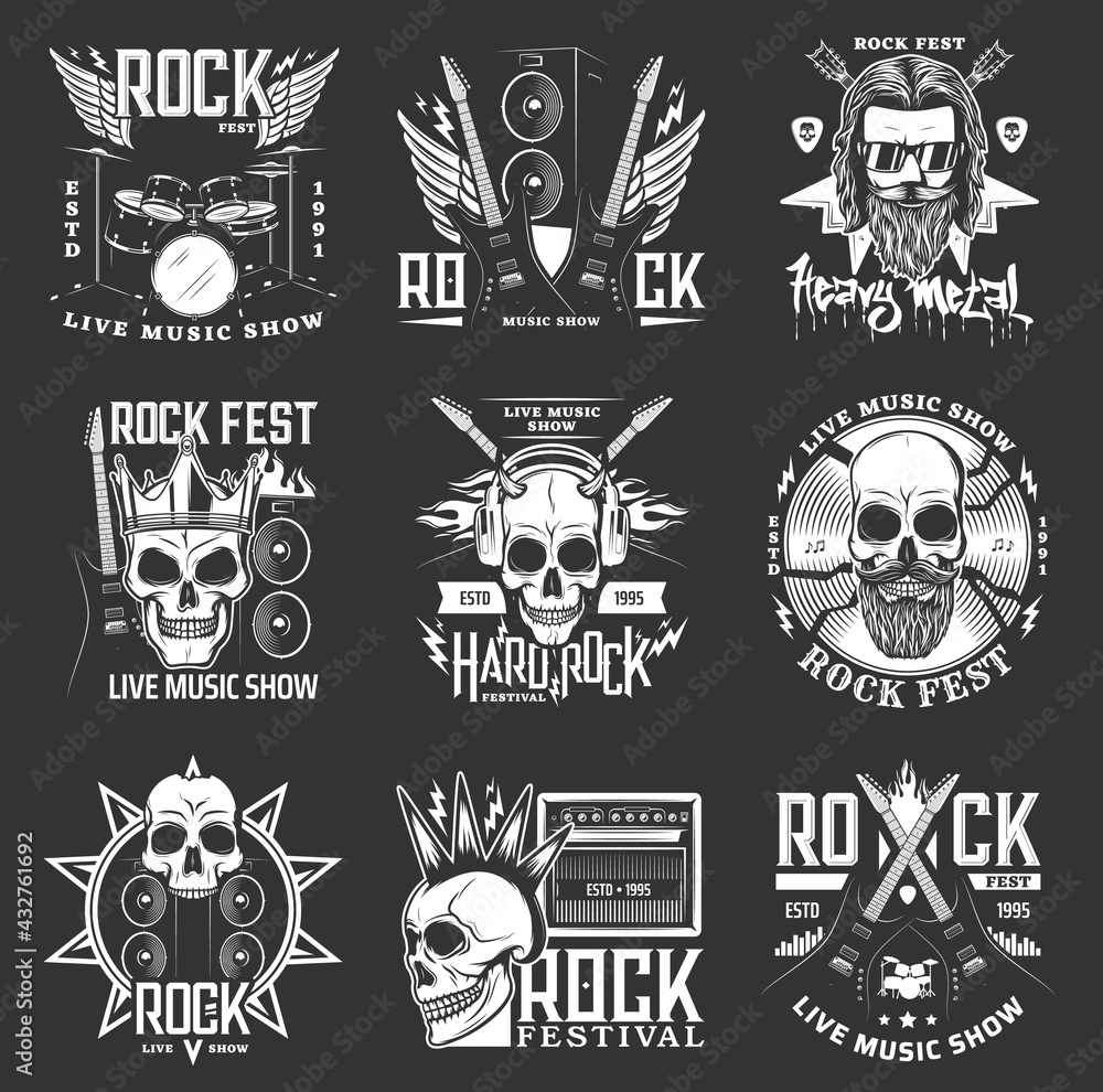 Fototapeta premium Rock music festival icons, hard rock skull and guitar vector badges and emblems. Hard rock and heavy metal fest live concert performance signs with drums, punk skull and electric guitar in fire flame