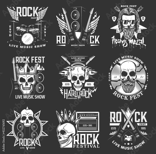 Rock music festival icons, hard rock skull and guitar vector badges and emblems. Hard rock and heavy metal fest live concert performance signs with drums, punk skull and electric guitar in fire flame