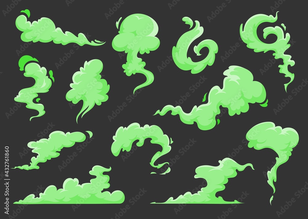 Green bad smell cartoon clouds of vector stink, odor, smoke and stench vapors. Isolated green fog, haze, steam and mist of bad breath, dirty body, fart and rotten food, garbage, toxic gas and armpit Green bad smell cartoon clouds of vector stink, odor, smoke and stench vapors. Isolated green fog, haze, steam and mist of bad breath, dirty body, fart and rotten food, garbage, toxic gas and armpit