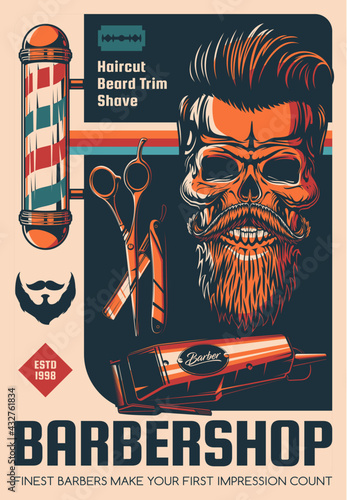 Barbershop, beard shave and haircut salon vector poster. Hairdresser scissors, retro barber shop pole and razor blade, hipster man skull with vintage hair style, mustache and hair clipper or trimmer