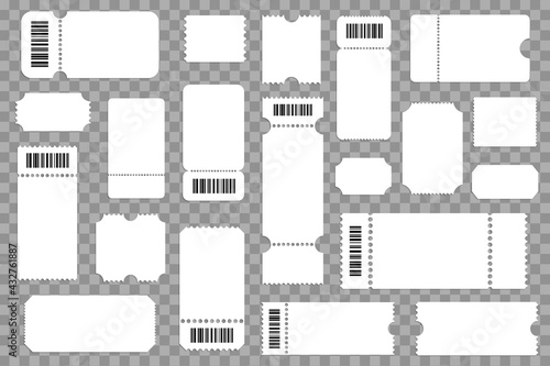 Blank ticket, raffle and lottery vector mockups on transparent background. Concert, movie or festival event 3d realistic admission coupons, airplane or train tickets with tear off cards and barcodes