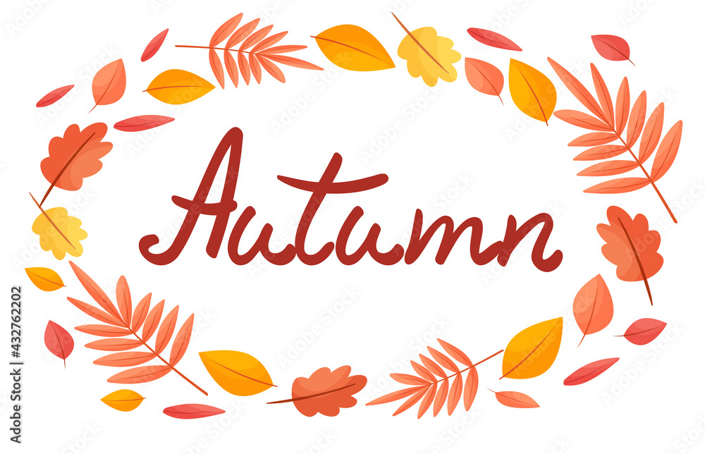 Vector frame of autumn leaves. Autumn text. Isolated on a white background.
