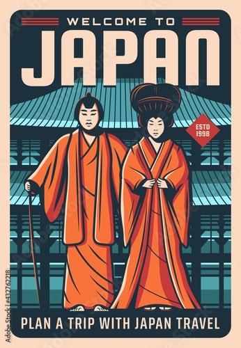 Japan travel poster, Japanese landmarks, culture and tradition, vector. Welcome to Japan and Tokyo, geisha in kimono and samurai man in traditional Japanese dress or national costume in kabuki theater