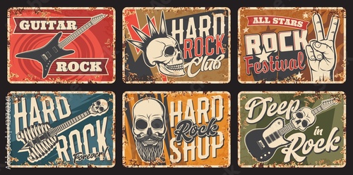 Hard rock music rusty metal plate. Rock club, music festival or party vector tin sign, musical instruments shop or store grungy plate. Electric guitar, human skull and bones, victory hand sign
