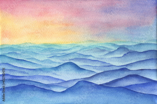 Abstract blue mountain landscape - the sand dunes in the desert on sunrise, panoramic view. Beautiful rocks, silhouettes hills and sand desert. Watercolor hand drawn painting illustration.
