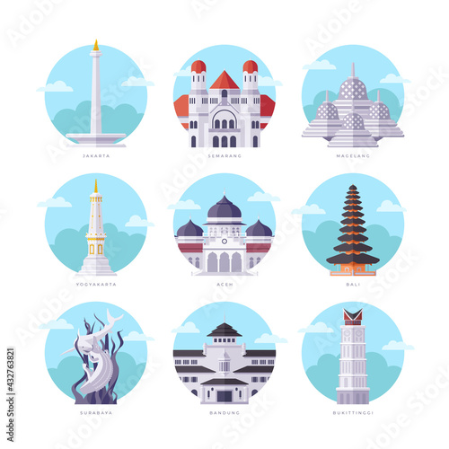 Famous Indonesia Landmarks Flat Illustration photo