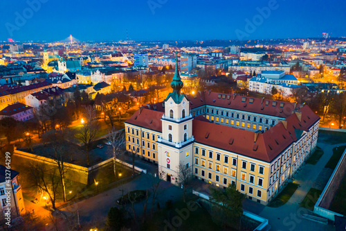 Evening aerial view on the medieval castle Rzeszow. Rzeszow City. Poland