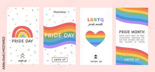 Vector Banner Template Set with LGBTQ symbols. Social media post, stories, posters template with LGBT rainbow flag, heart. Background for pride month celebration. Gay parade. Flat Illustration.