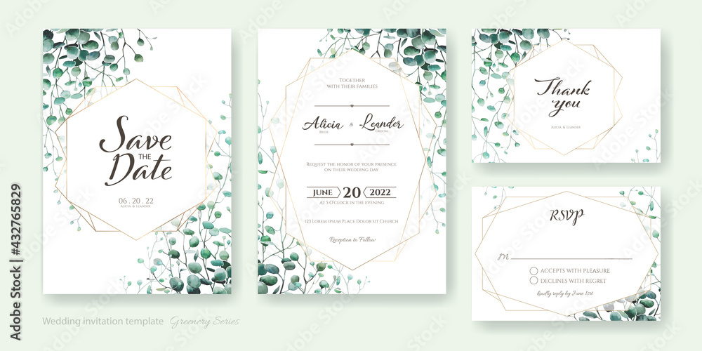 Set of greenery wedding Invitation card, save the date, thank you, rsvp template. Watercolor styles.