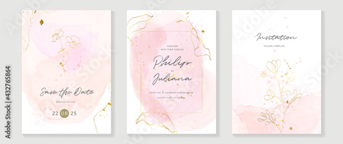 Luxury wedding invitation card vector. Invite cover design with watercolor blush and gold line texture.