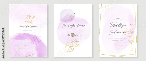Luxury wedding invitation card vector. Invite cover design with watercolor blush and gold line texture.