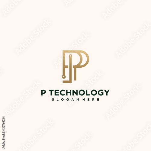 Abstract technology logo letter p set Creative p logo, connected gold color p luxury letter p icon logo