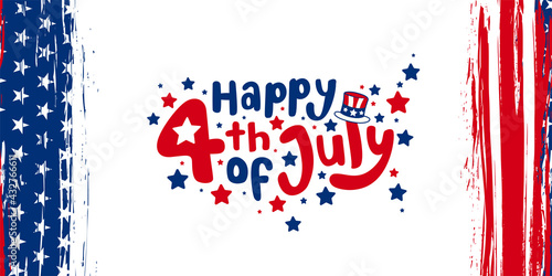 4th of JuHappy 4th of July, country of stars floppy hand-lettering, typography design with American hat on vertical USA grunge flag background. Vector illustration.
