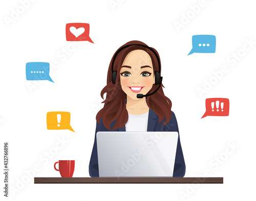 Woman in headphones with laptop. Customer support operator vector illustration isolated