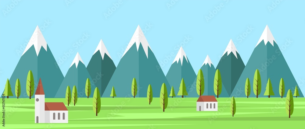 Summer Flat Landscape with a Medieval Church among Mountains