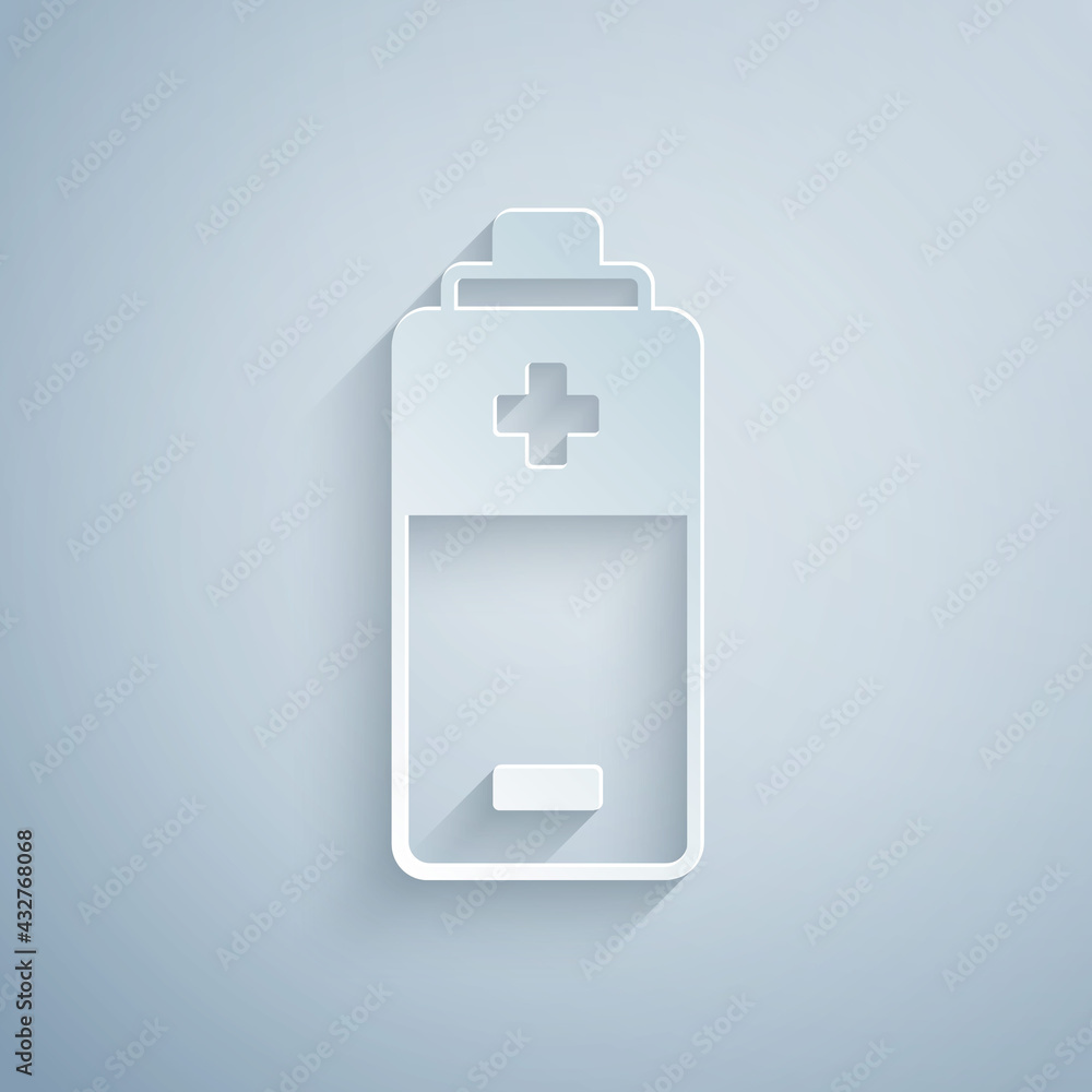 Paper cut Battery icon isolated on grey background. Lightning bolt symbol. Paper art style. Vector Paper cut Battery icon isolated on grey background. Lightning bolt symbol. Paper art style. Vector
