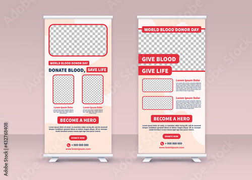 World Blood Donor Day. Roll up banner. Standee banner design. Modern banner. Editable template.
