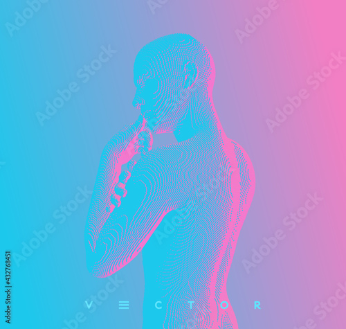 A man with his hand on his chin as though he was thinking. Artificial intelligence concept. Searching for answers. Digital technology background. Voxel art. 3D vector illustration.