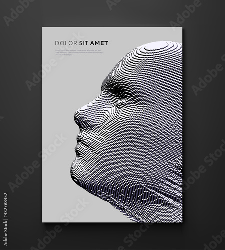 Abstract digital human head constructing from cubes. Minimalistic design for business presentations, flyers or posters. Technology and robotics concept. Voxel art. 3D vector illustration.