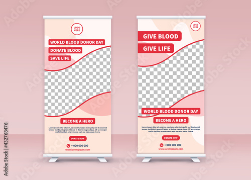 World Blood Donor Day. Roll up banner. Standee banner design. Modern banner. Editable template.
