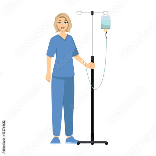 Lady Walking In Corridor With Dropper, Hospital And Healthcare Illustration