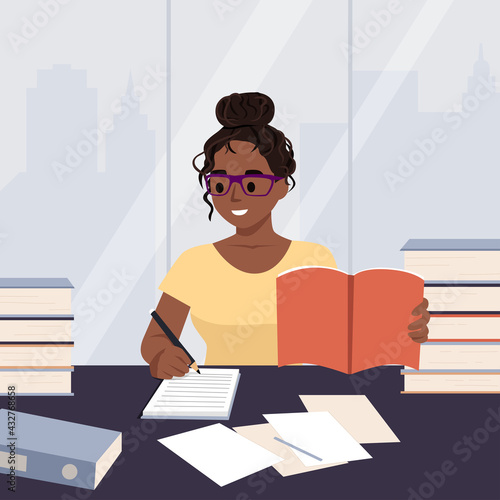 An illustration girl studying at her desk. hand drawn style vector design illustrations. Writing ideas