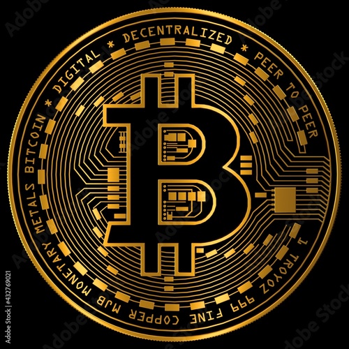 Gold coin bitcoin isolate on a high quality black background. 3d rendering illustreation.
